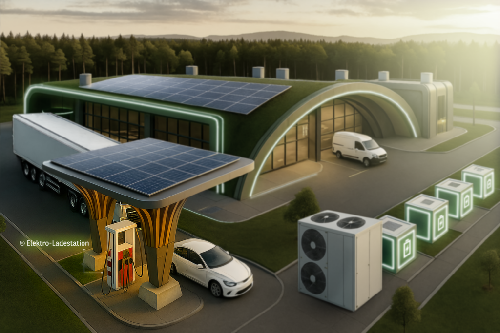 Das Bild zeigt eine KI-generierte Skizze mit einer Werkshalle mit Solarpaneelen auf dem Dach, davor ein Solardach, ähnlich wie ein Carport, unter dem ein E-Auto steht, dass an einer Ladestation angeschlossen ist. daneben ist eine Wärmepumpe sowie batterieelektrische Speichersysteme erkennbar.