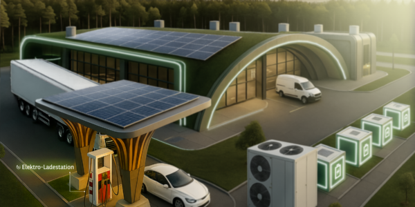 Das Bild zeigt eine KI-generierte Skizze mit einer Werkshalle mit Solarpaneelen auf dem Dach, davor ein Solardach, ähnlich wie ein Carport, unter dem ein E-Auto steht, dass an einer Ladestation angeschlossen ist. daneben ist eine Wärmepumpe sowie batterieelektrische Speichersysteme erkennbar.